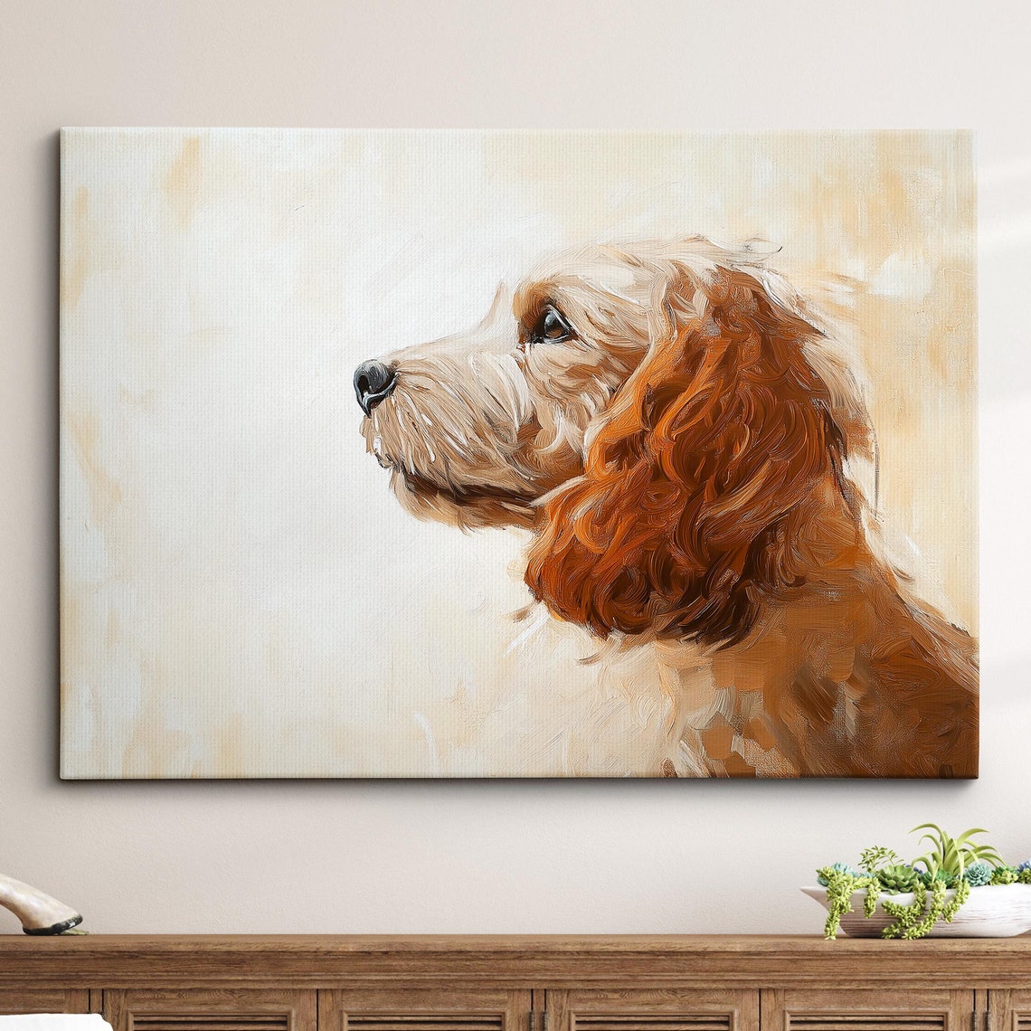 Chestnut Ear Cockapoo Side Profile Soft Oil Painting Dog Poster