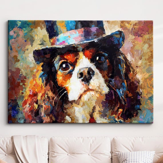 Cavalier King Charles Spaniel In A Top Hat Animal Abstract Oil Painting Splatter Style Wall Art Framed Canvas Poster Print Home Decor Gifts