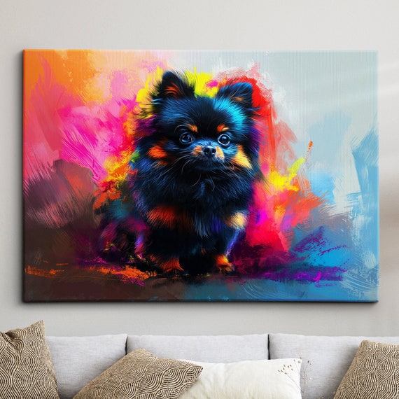 Black Colorful Pomeranian Dog Pet Abstract Modern Oil Painting Wall Art Framed Canvas Poster Print Home Kitchen Office Room Decor Gifts