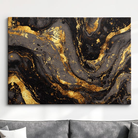 Modern Abstract Black Gold Minimalist Marble Oil Painting Wall Art Framed Canvas Poster Print Home Living Room Decor Gift Ideas