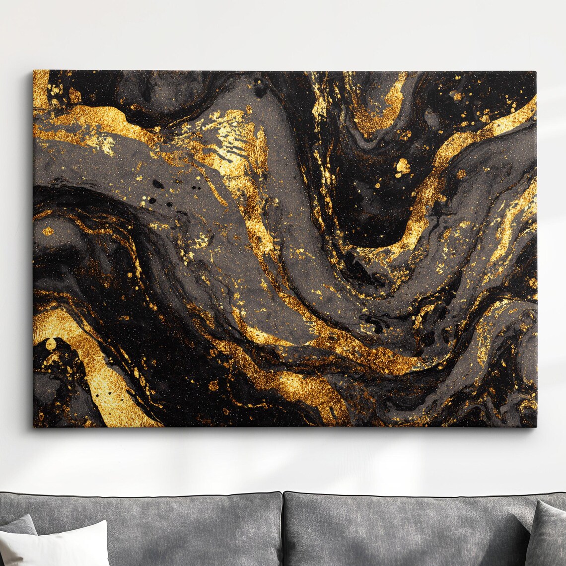Black Gold Marble Swirl Abstract Luxury Living Room Canvas Poster