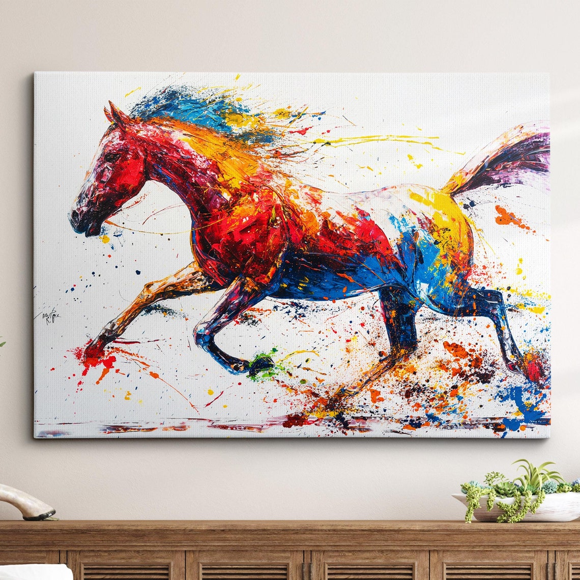Galloping Horse in Colorful Paint Splatter Abstract Art Poster