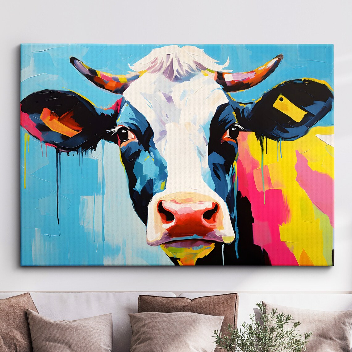 Colorful Cow Portrait Pop Art Paint Splatter Style Canvas Poster