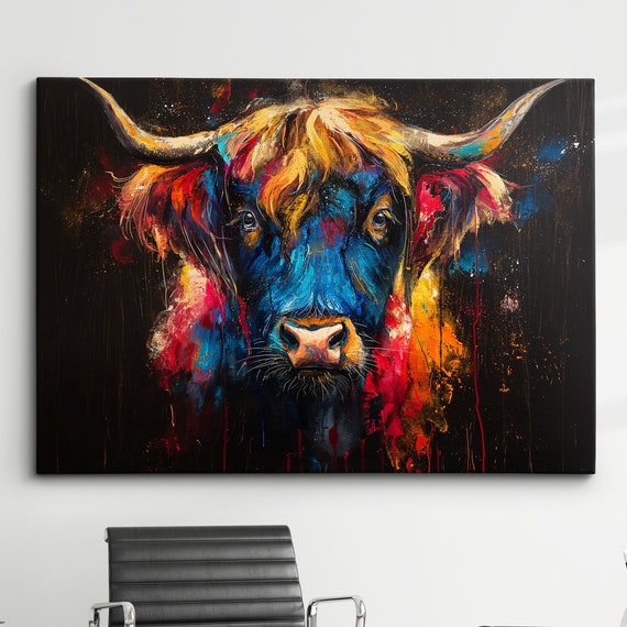 Highland Scottish Cow Painting Colouful Abstract Modern Wall Art Framed Canvas Poster Print Homeoffice Room Decor Gifts