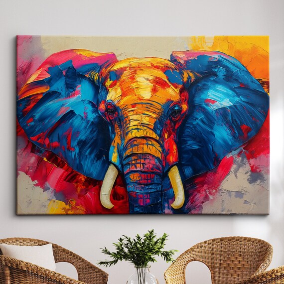 Elephant Animal Abstract Oil Painting Colourful Paint Splatter Style Wall Art Framed Canvas Poster Print Homeoffice Room Decor Gifts
