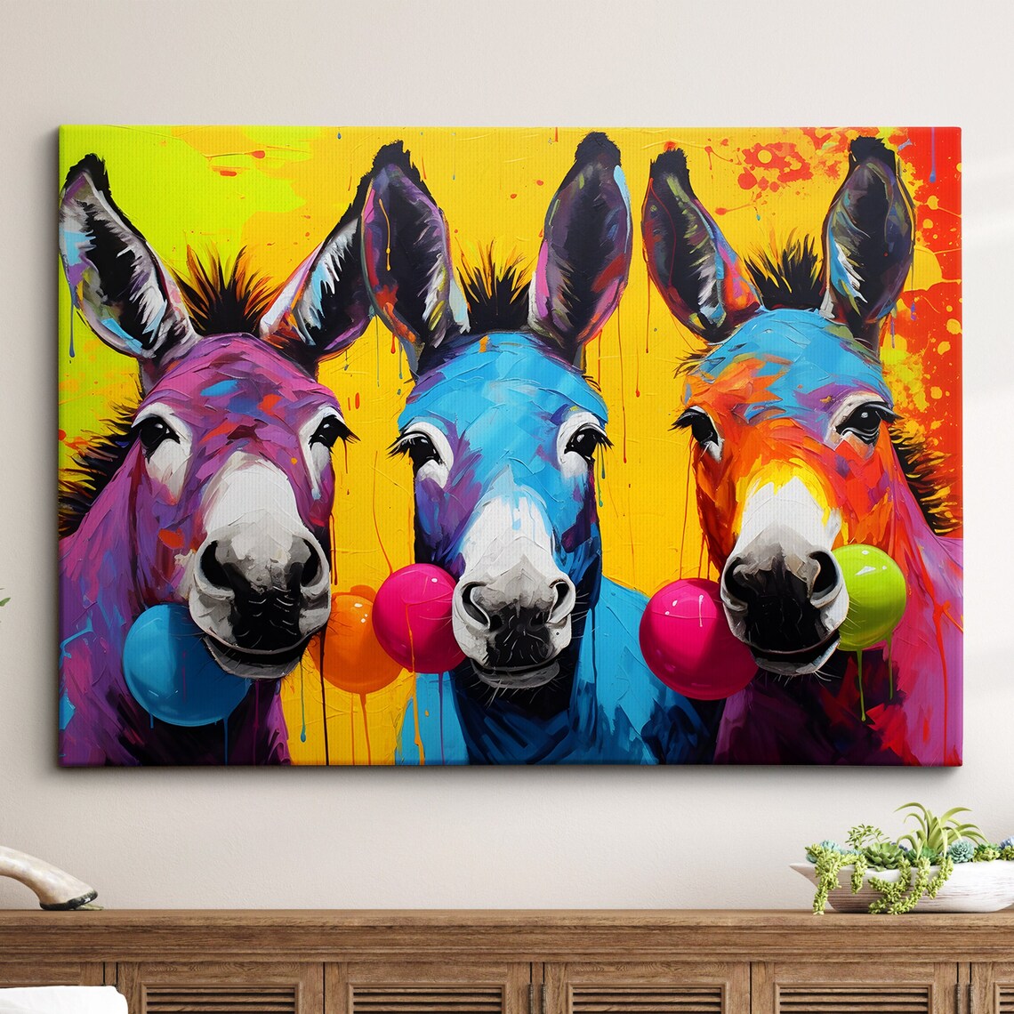 Colorful Donkeys Trio Pop Art Paint Splash Whimsical Animal Poster