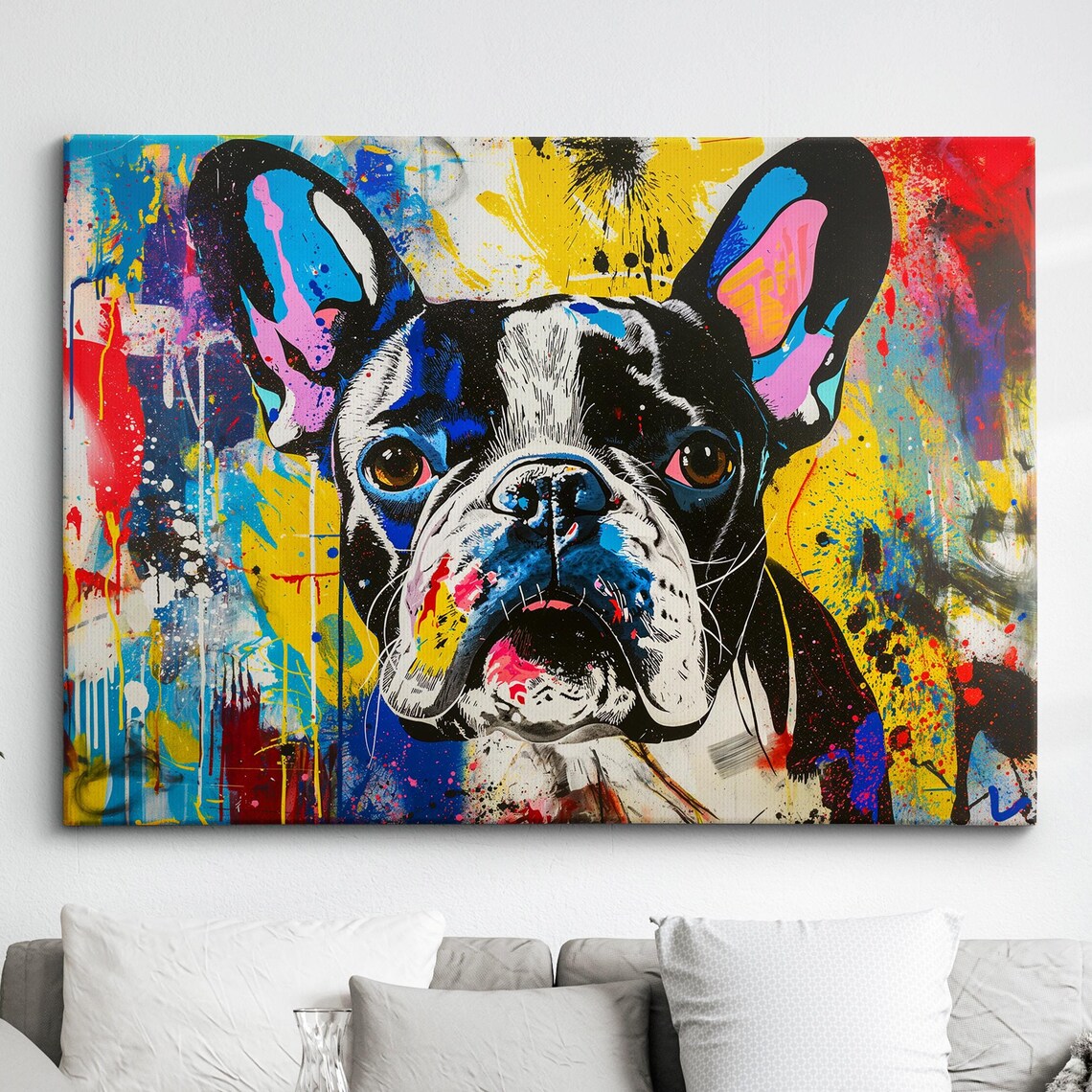 Colorful French Bulldog Dog Pet Abstract Modern Oil Painting Wall Art Framed Canvas Poster Print Home Kitchen Office Room Decor Gifts