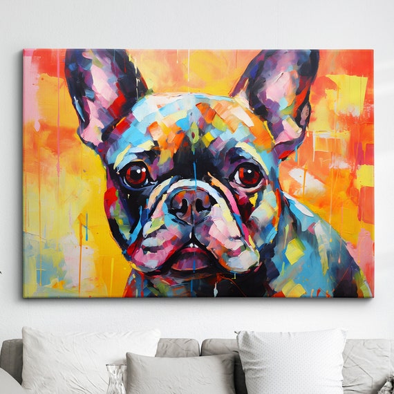 Colorful French Bulldog Dog Pet Abstract Modern Oil Painting Wall Art Framed Canvas Poster Print Home Kitchen Living Room Decor Gift
