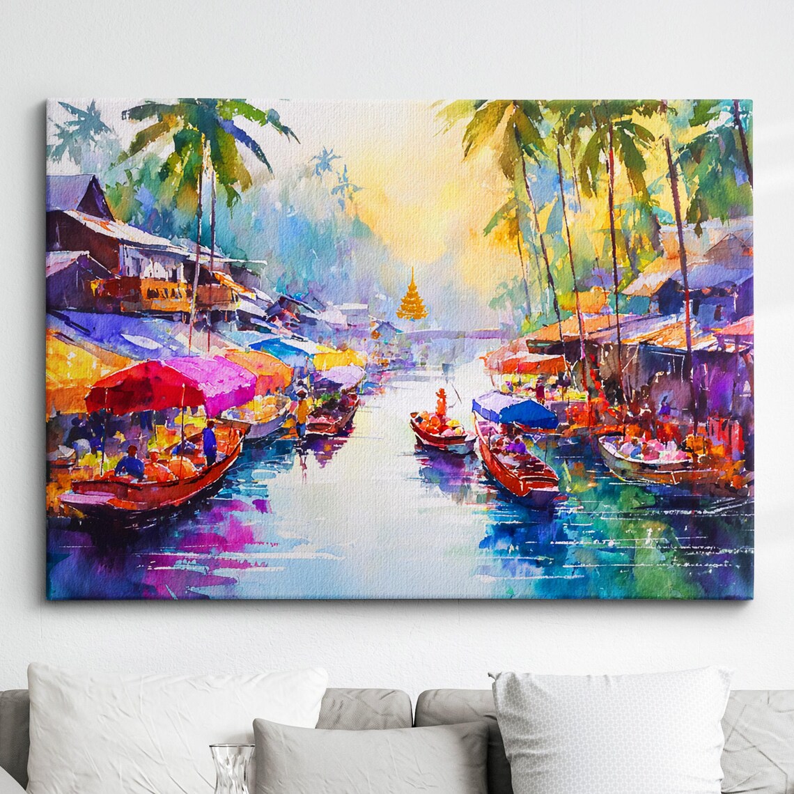 Thailand Floating Market Boats Sunrise Watercolor Painting Poster