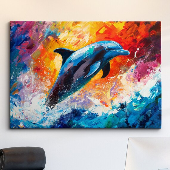 Dolphin Animal Sea Ocean Life Abstract Modern Painting Wall Art Framed Canvas Poster Print Home Kitchen Office Room Decor Kids Gifts