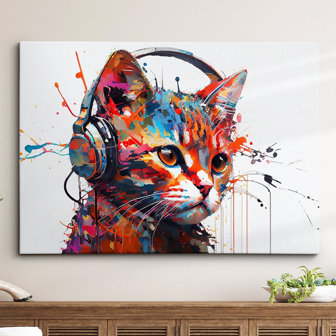 Cat Headphones DJ Abstract Oil Painting Art Print