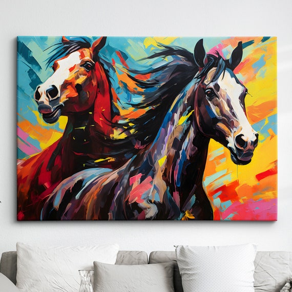 Colorful Horses Animal Abstract Oil Painting Paint Splatter Style Wall Art Framed Canvas Poster Print Home Living Room Decor Fun Horse Gift