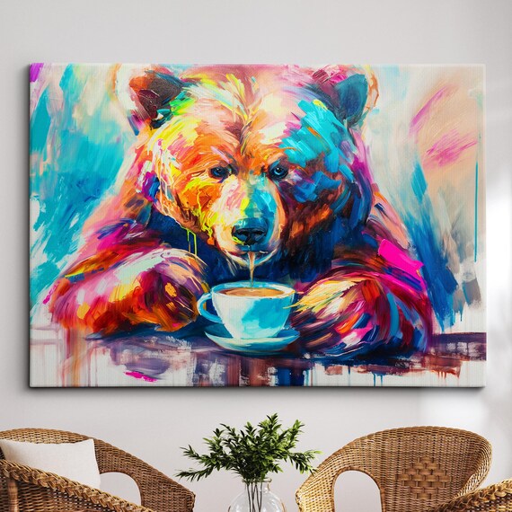 Colorful Bear Coffee Mug Animal Abstract Oil Painting Wall Art Framed Canvas Poster Print Home Kitchen Living Room Decor