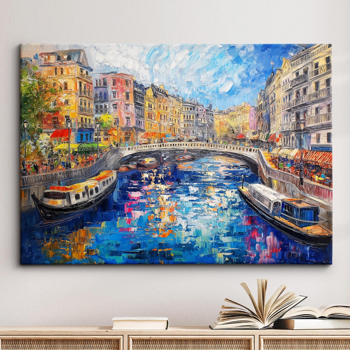 Amsterdam Netherlands Canal Boat Europe Landmark Oil Painting Watercolor Wall Art Framed Canvas Poster Print Homeoffice Room Decor Gifts
