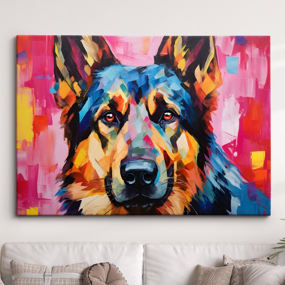 German Shepherd Fun Animal Dog Pet Lover Abstract Oil Painting Wall Art Framed Canvas Poster Print Home Kitchen Office Room Decor Gifts