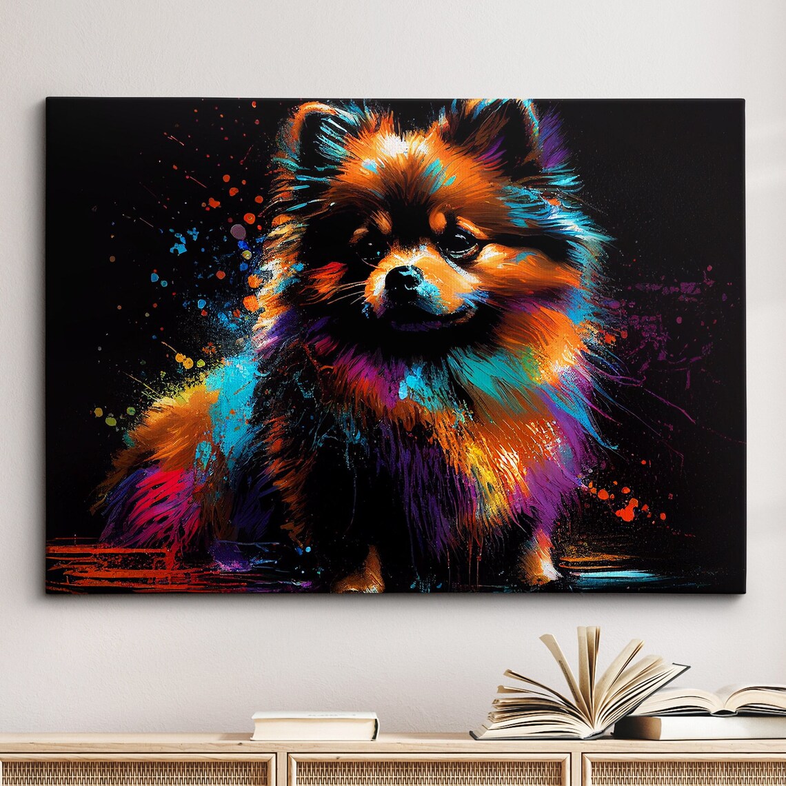 Colorful Neon Pomeranian Puppy Portrait on Black Splatter Art Poster