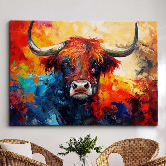 Highland Cow Animal Abstract Oil Painting Colourful Paint Splatter Style Wall Art Framed Canvas Poster Print Homeoffice Room Decor Gifts