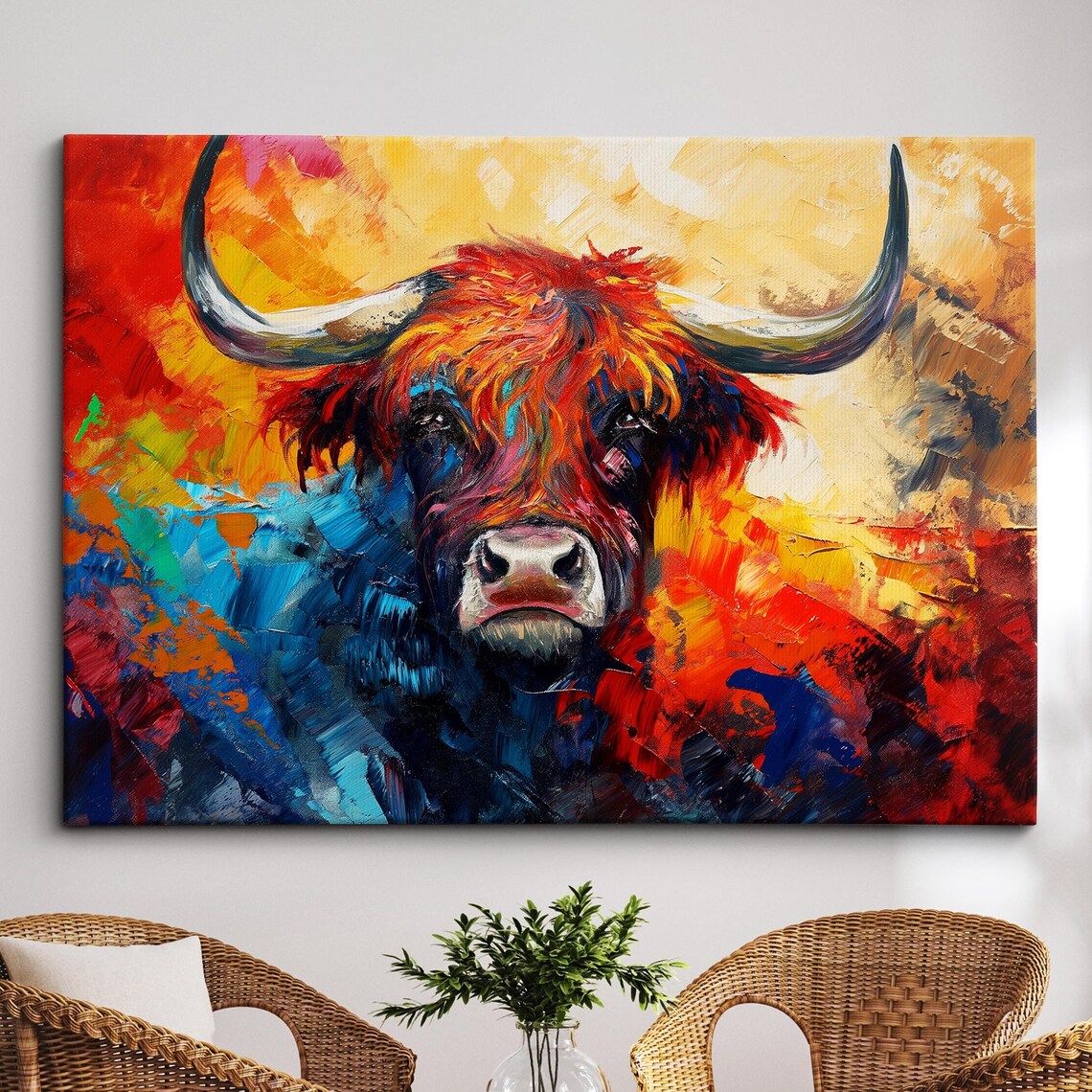 Colorful Highland Cow Abstract Oil Painting Vibrant Cattle Poster