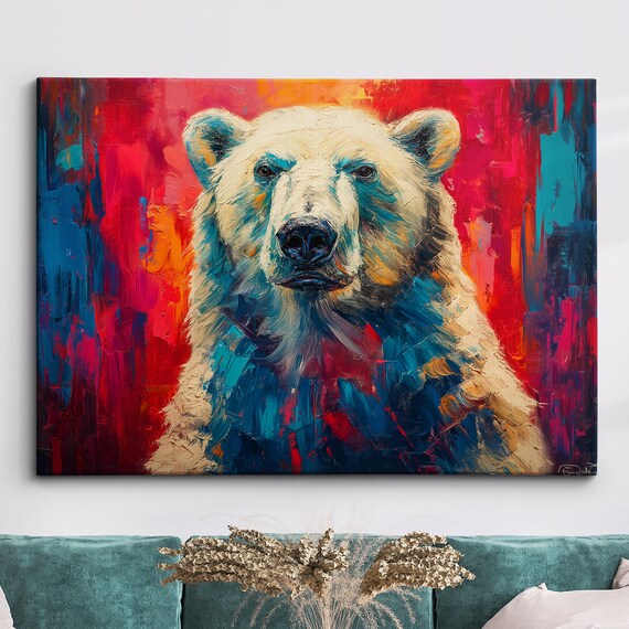 Colorful Polar Bear Animal Abstract Oil Painting Splatter Style Wall Art Framed Canvas Poster Print Living Room Home Decor