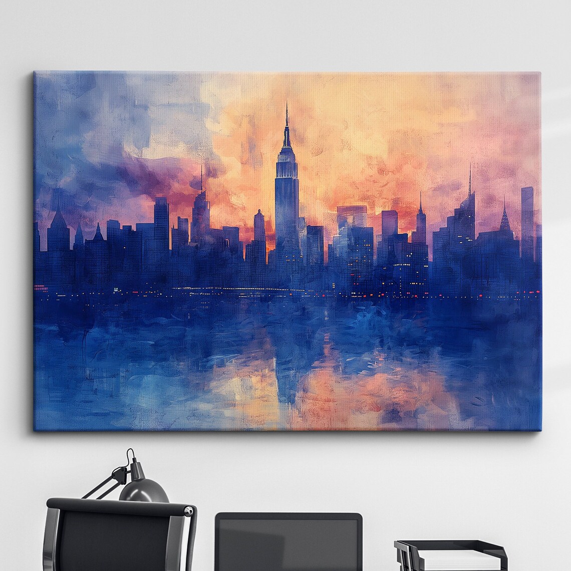 New York City Skyline Sunset America Landmark Oil Painting Style Wall Art Framed Calming Canvas Poster Print Homeoffice Room Decor Gifts