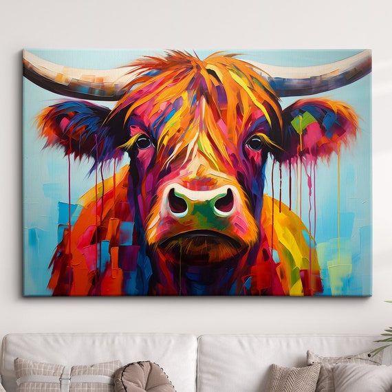 Highland Cow Animal Abstract Oil Painting Colourful Paint Splatter Style Wall Art Framed Canvas Poster Print Homeoffice Room Decor Gifts