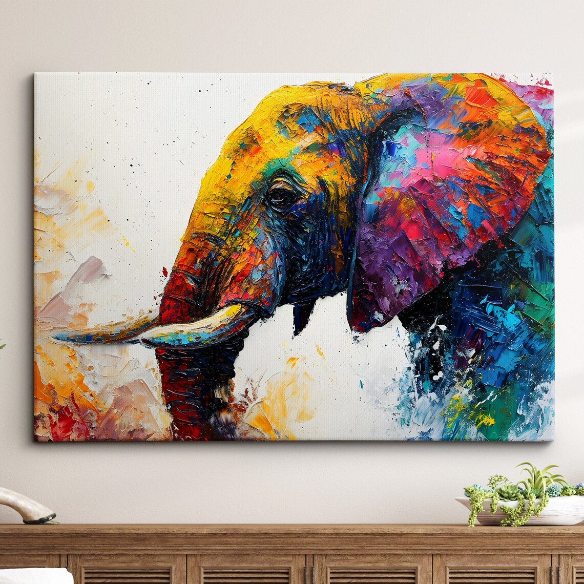 Elephant Abstract Oil Painting, Colourful Splatter