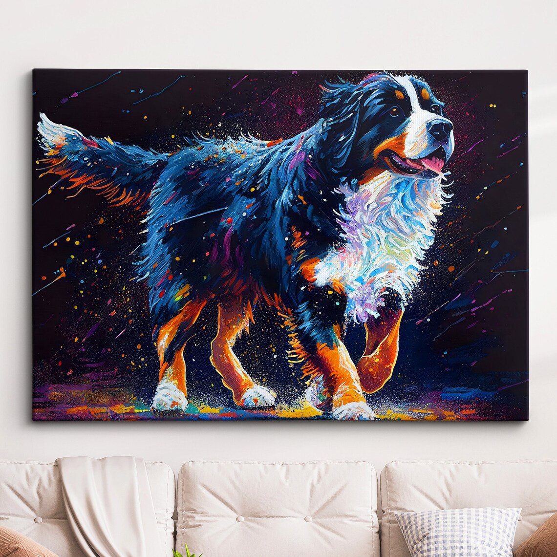 Bernese Mountain Dog Colorful Running Portrait Oil Painting Poster