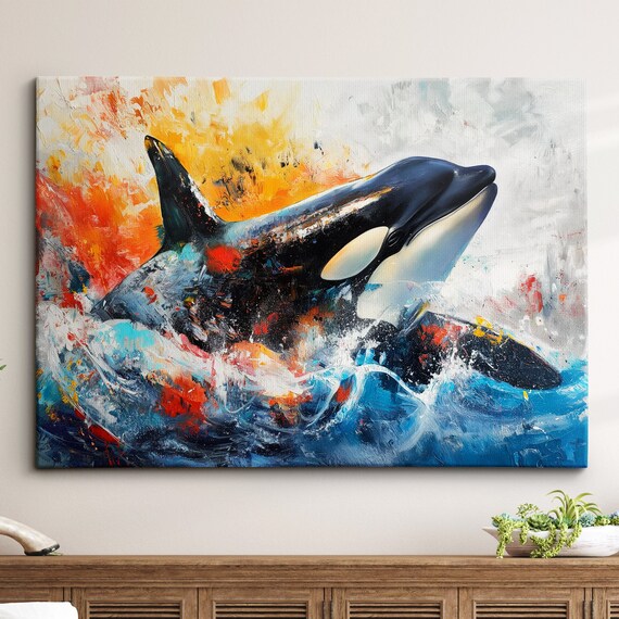 Orca Whale Animal Abstract Oil Painting Colourful Paint Splatter Style Wall Art Framed Canvas Poster Print Homeoffice Room Decor