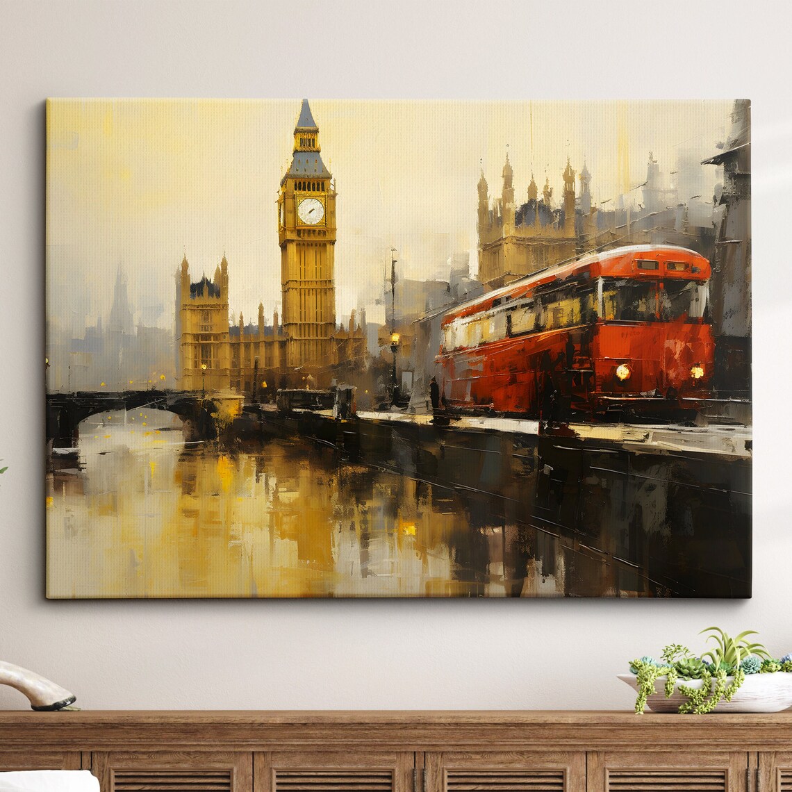 London Big Ben And Red Bus Golden Oil Painting Landmark Poster