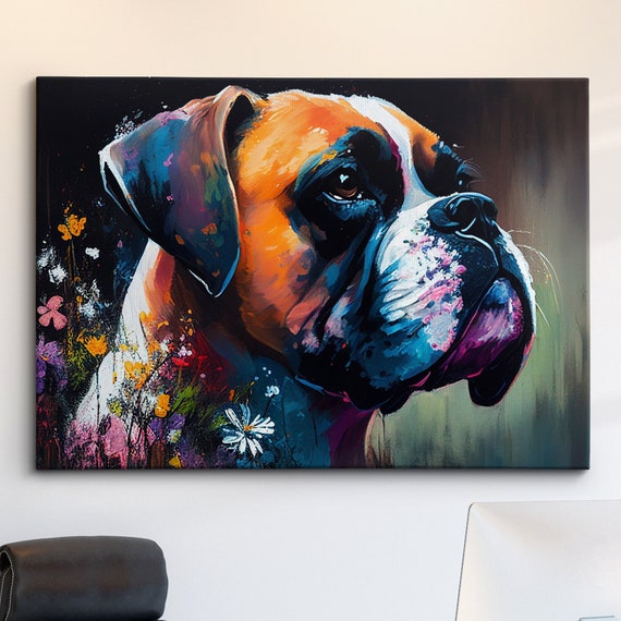 Boxer With Flowers Dog Pet Abstract Modern Oil Painting Wall Art Framed Canvas Poster Print Home Kitchen Office Room Decor Gifts