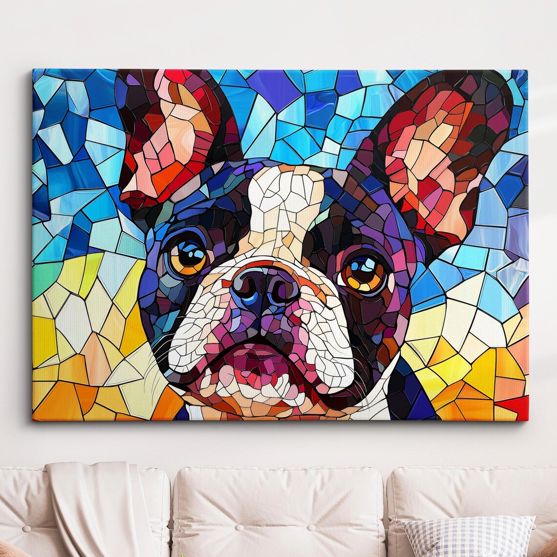 Bold Black White French Bulldog Mosaic Stained Glass Art Poster