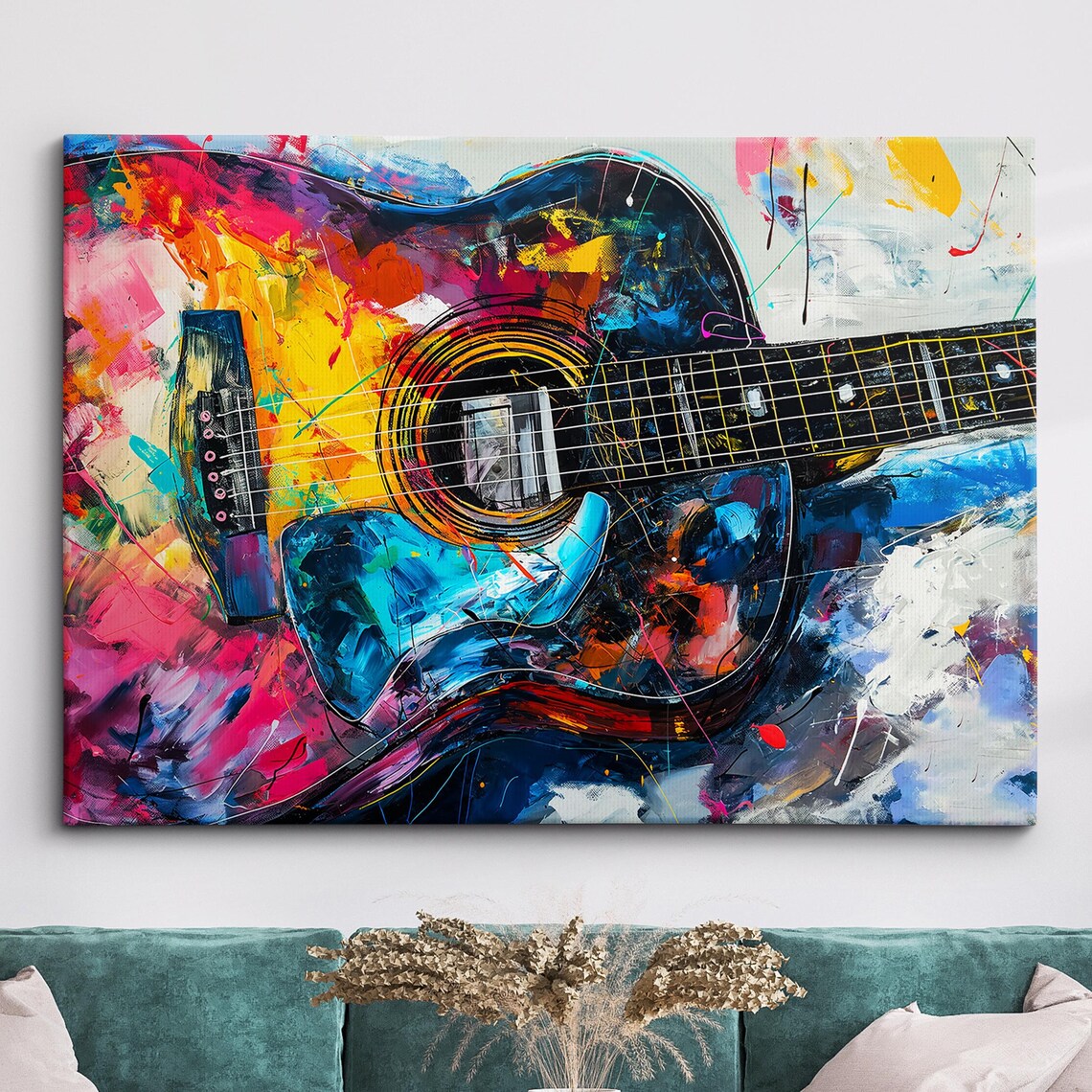 Colorful Abstract Acoustic Guitar Oil Painting Music Wall Art