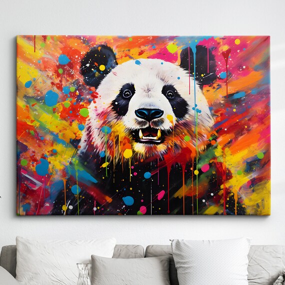 Colorful Panda Animal Abstract Oil Painting Paint Splatter Style Wall Art Framed Canvas Poster Print Home Living Room Decor Fun Gift