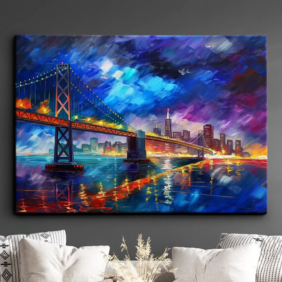 San Francisco Bay Bridge Night Lights Oil Painting Style Cityscape Poster