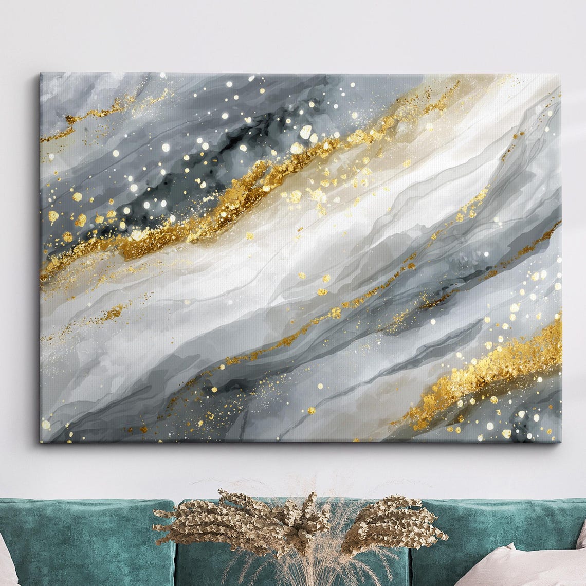 Grey White Fluid Marble With Gold Accents Abstract Luxury Print