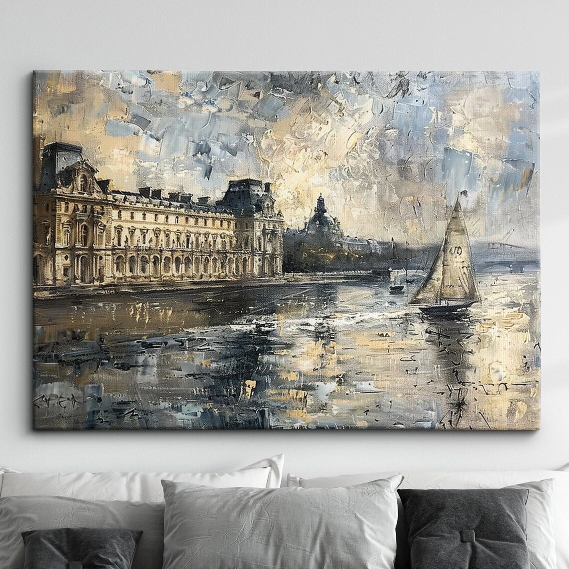 Paris Louvre Seine Sailboat Impressionist Oil Painting Poster