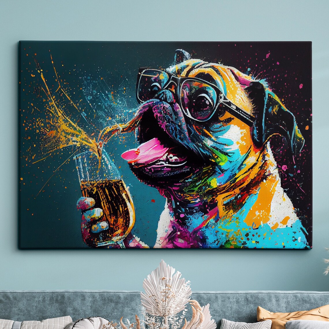 Colorful Pug Dog Drinking Wine Glasses Pop Art Painting Poster