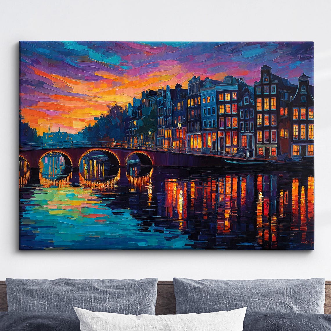 Amsterdam Canal Night Purple Sky Window Lights Reflection Poster
