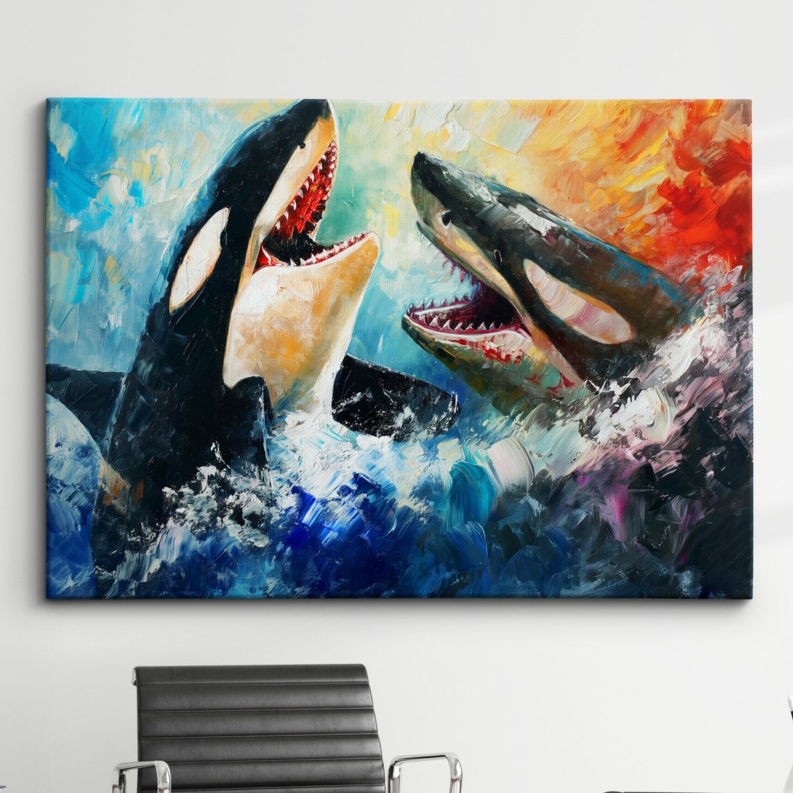Two Orca Whales Lunging Clash Dramatic Blue Ocean Painting Wall Art