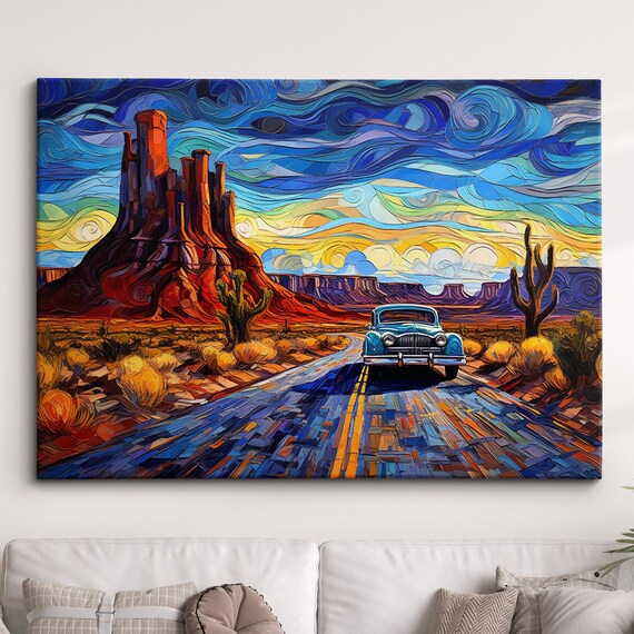 Route 66 Desert Highway Vintage Car Starry Night Style Art Poster