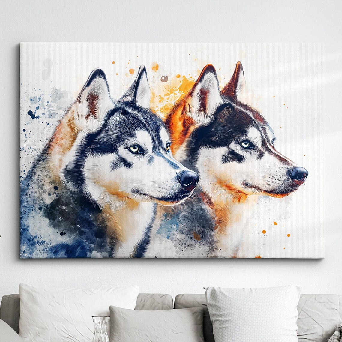 Twin Siberian Huskies Watercolor Portrait Colorful Dog Art Poster