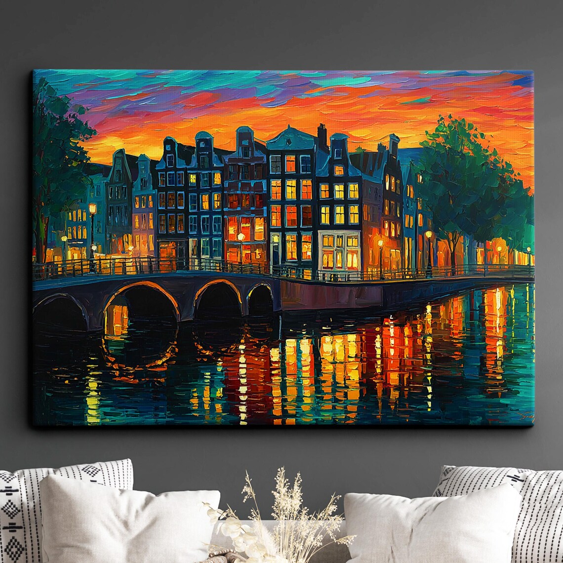 Amsterdam Canal Houses Sunset Bridge Reflections Oil Painting Poster