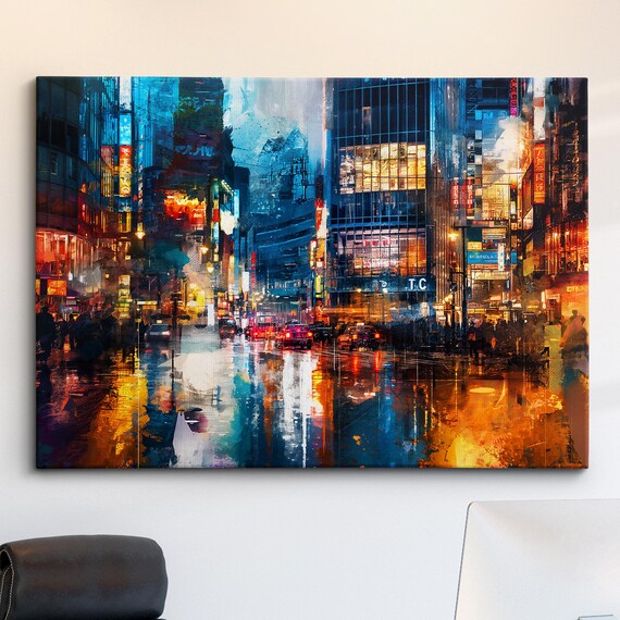 Tokyo Neon Street Rainy Night City Lights Abstract Painting Poster