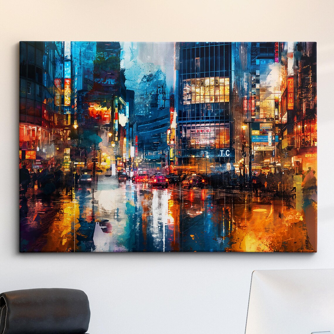 Tokyo Neon Street Rainy Night City Lights Abstract Painting Poster