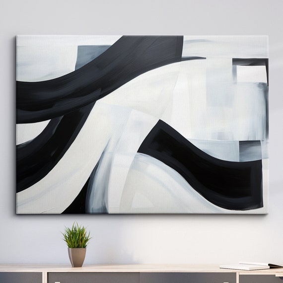 Black White Paint Abstract Oil Painting Splatter Style Wall Art Framed Canvas Poster Print Home Kitchen Office Room Decor Gifts