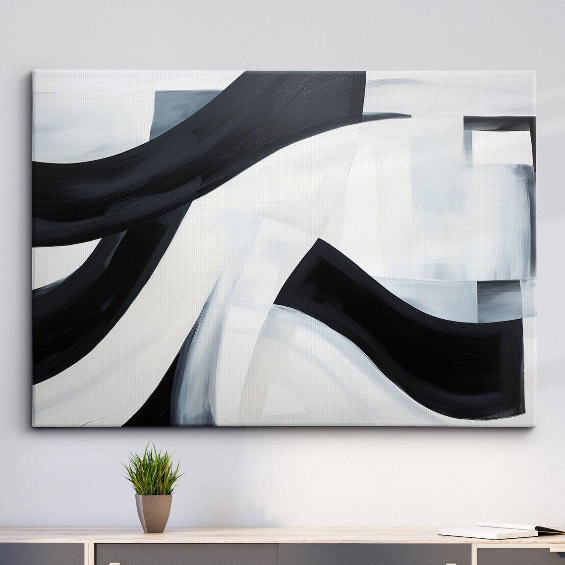Black and White Abstract Curved Brushstroke Minimalist Wall Art