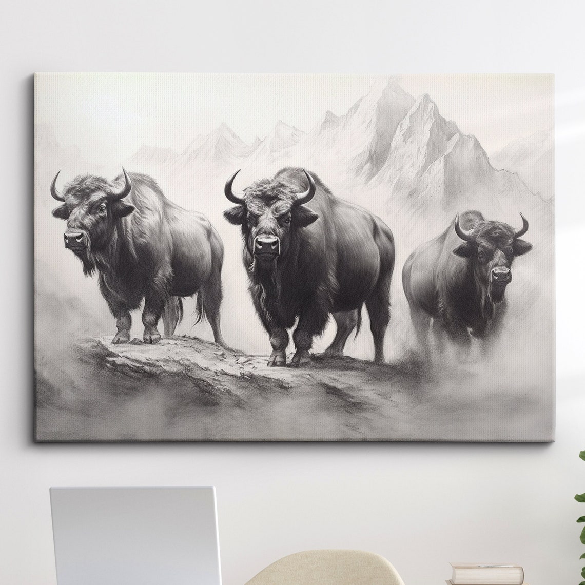 Bulls On Mountain Side Abstract Modern Painting Wall Art Framed Canvas Poster Print Home Kitchen Office Room Decor Gifts