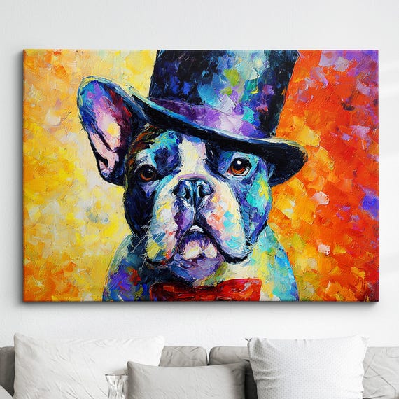 French Bulldog In A Top Hat Animal Abstract Oil Painting Splatter Style Wall Art Framed Canvas Poster Print Home Kitchen Office Room Decor