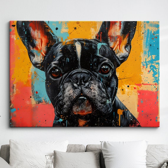 Colorful French Bulldog Abstract Modern Oil Painting Wall Art Framed Canvas Poster Print Home Kitchen Office Room Decor Dog Gift Ideas