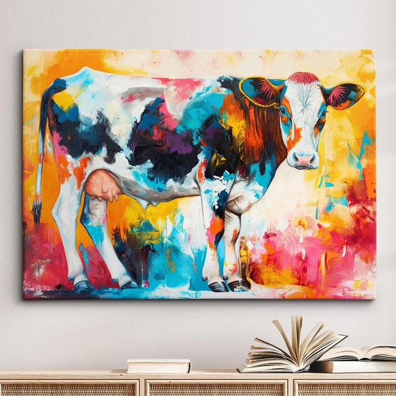 Colorful Cow Wild Animal Abstract Oil Painting Paint Splatter Style Wall Art Framed Canvas Poster Print Home Living Room Decor Fun Gift